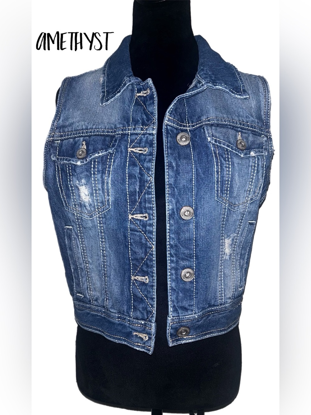 Amethyst Distressed Dark Wash Denim‎ Vest - by AMETHYST (Runs small)